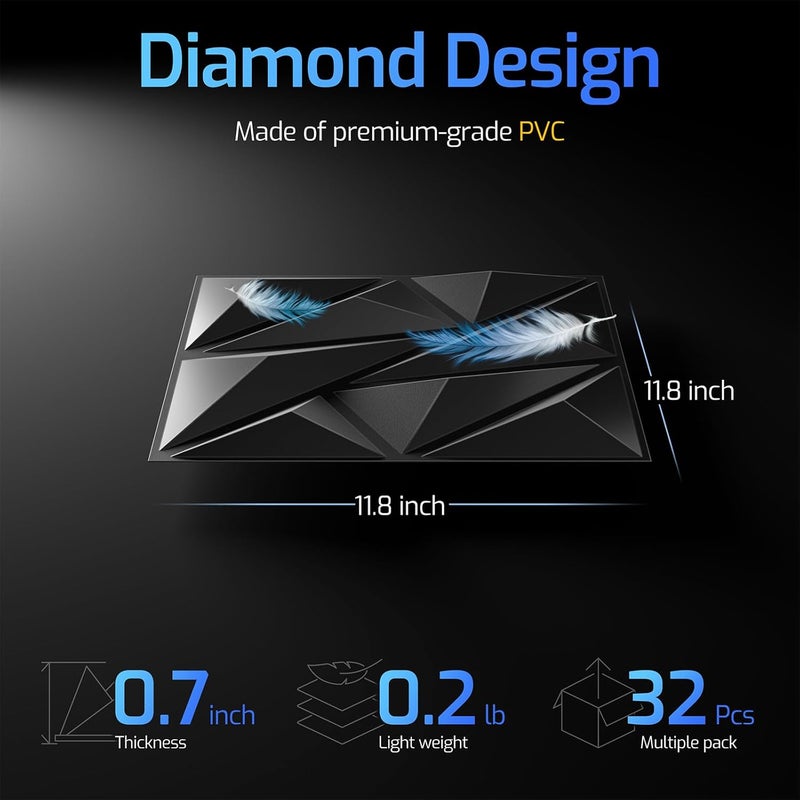 ZELMINE 32 Pack 3D Wall Panels for Interior Wall Decor, 11.8'' x 11.8'' Decorative Wall Panels, Accent Wall Panels, 3D Diamond Design Wall Decor for Living Room, Bedroom, Gaming Room, Black - Image 3
